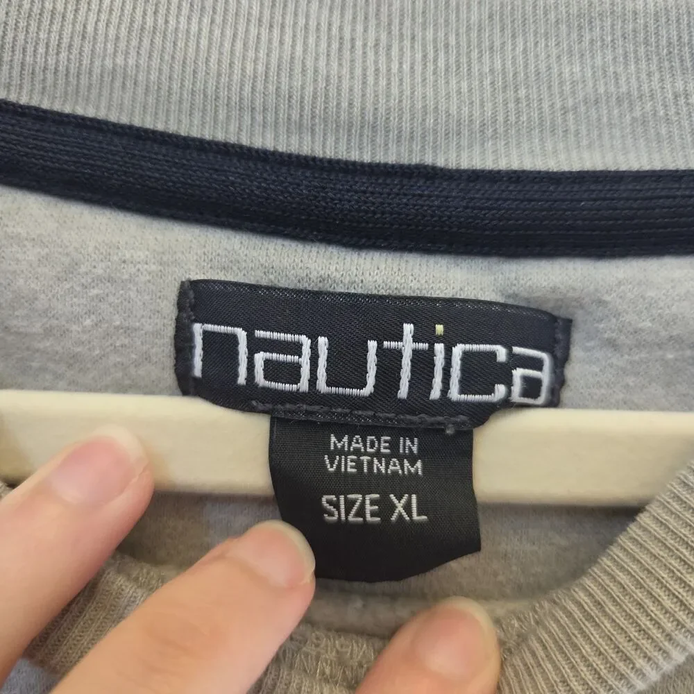 Nautica Mens Grey Sailing Flag Tape Crewneck Sweatshirt Sz XL Retro Preppy